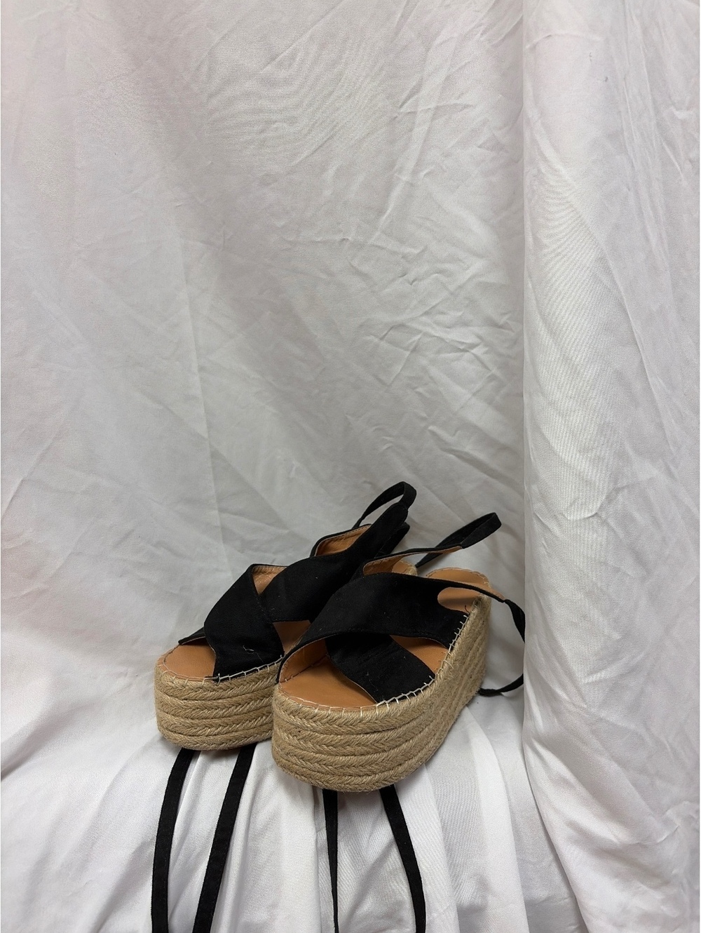 Black Cross Strap Espadrille Platform Sandals with Ankle Tie